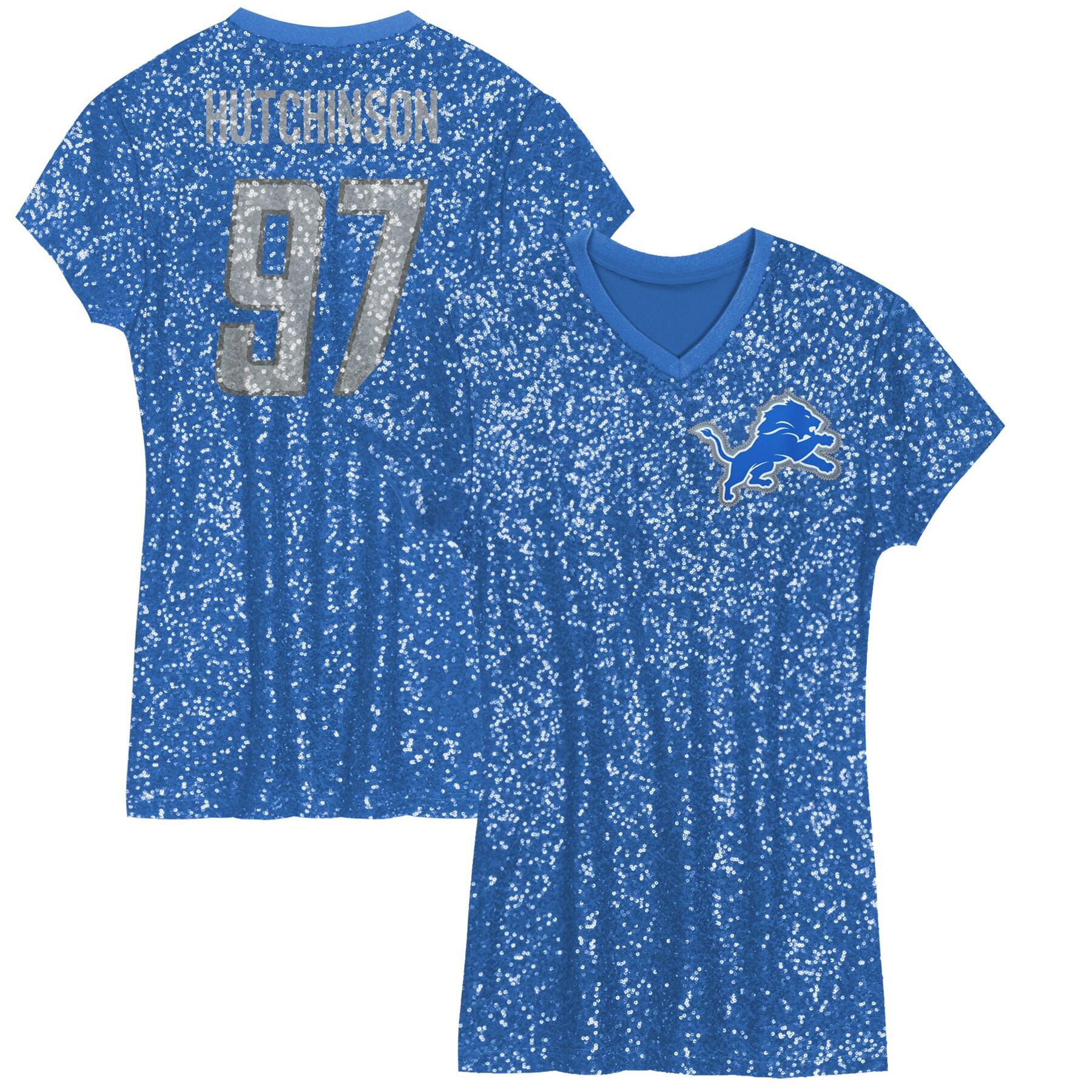 girls youth aidan hutchinson blue detroit lions sequin player name  number v-neck dress | Lions Shop | Detroit Lions NFL Jerseys & Caps Collection