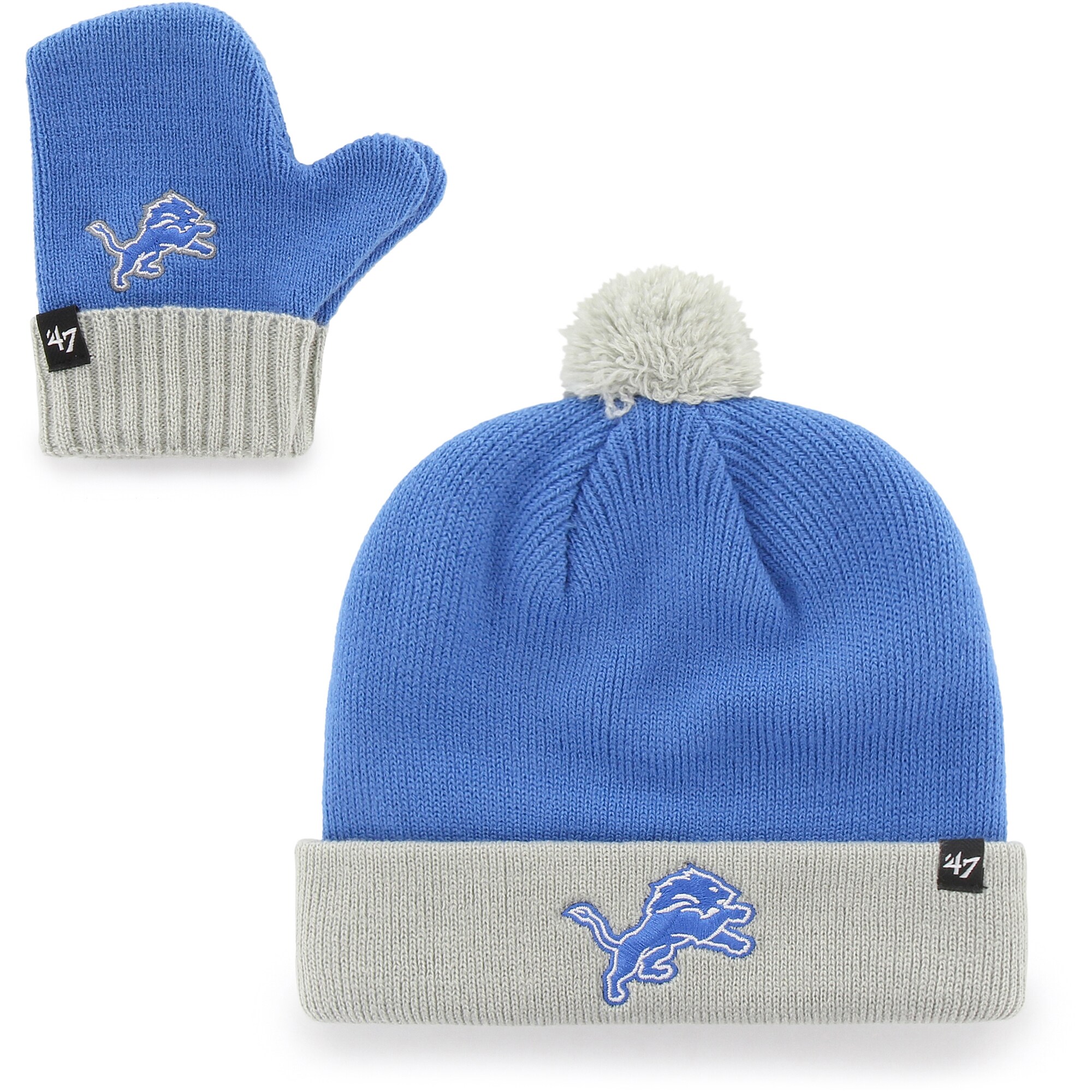 infant 47 bluegray detroit lions bam bam cuffed knit hat with pom and mittens set | Lions Shop | Detroit Lions NFL Jerseys & Caps Collection