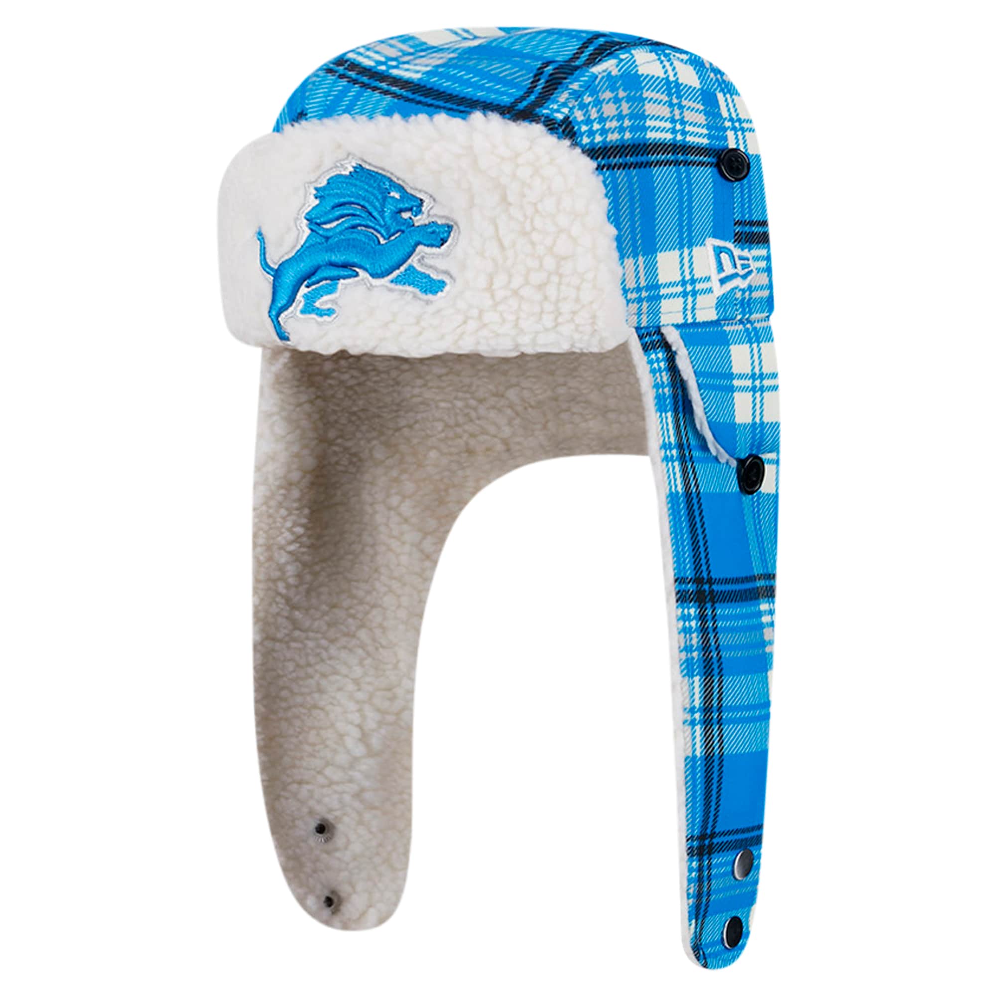 new era blue detroit lions sideline plaid sherpa trapper hat | Lions Shop | Detroit Lions NFL Jerseys & Caps Collection