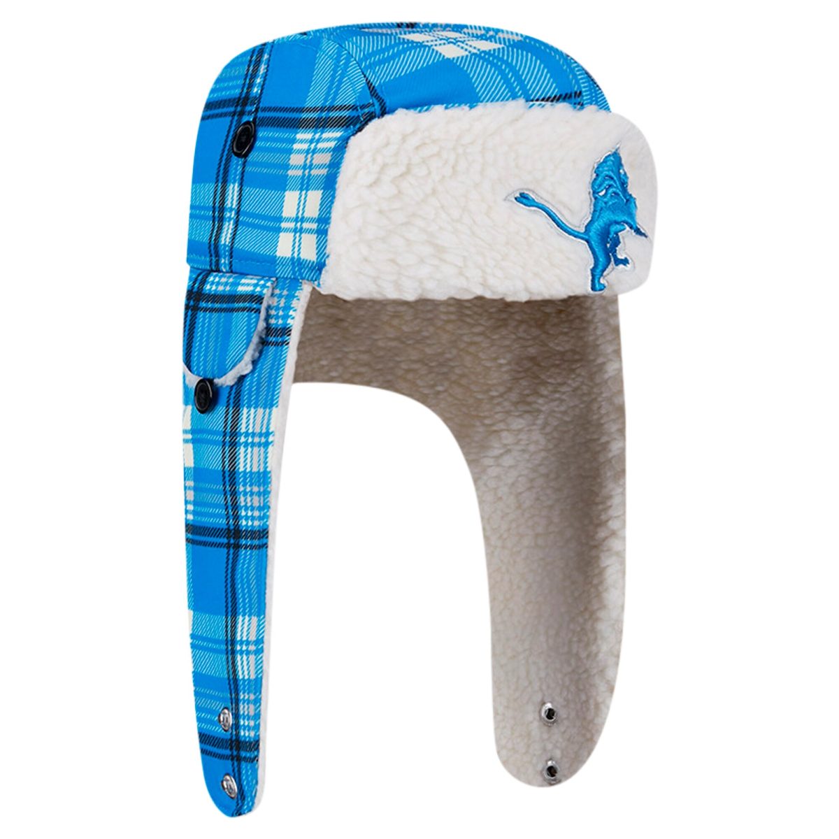 new era blue detroit lions sideline plaid sherpa trapper hat | Lions Shop | Detroit Lions NFL Jerseys & Caps Collection